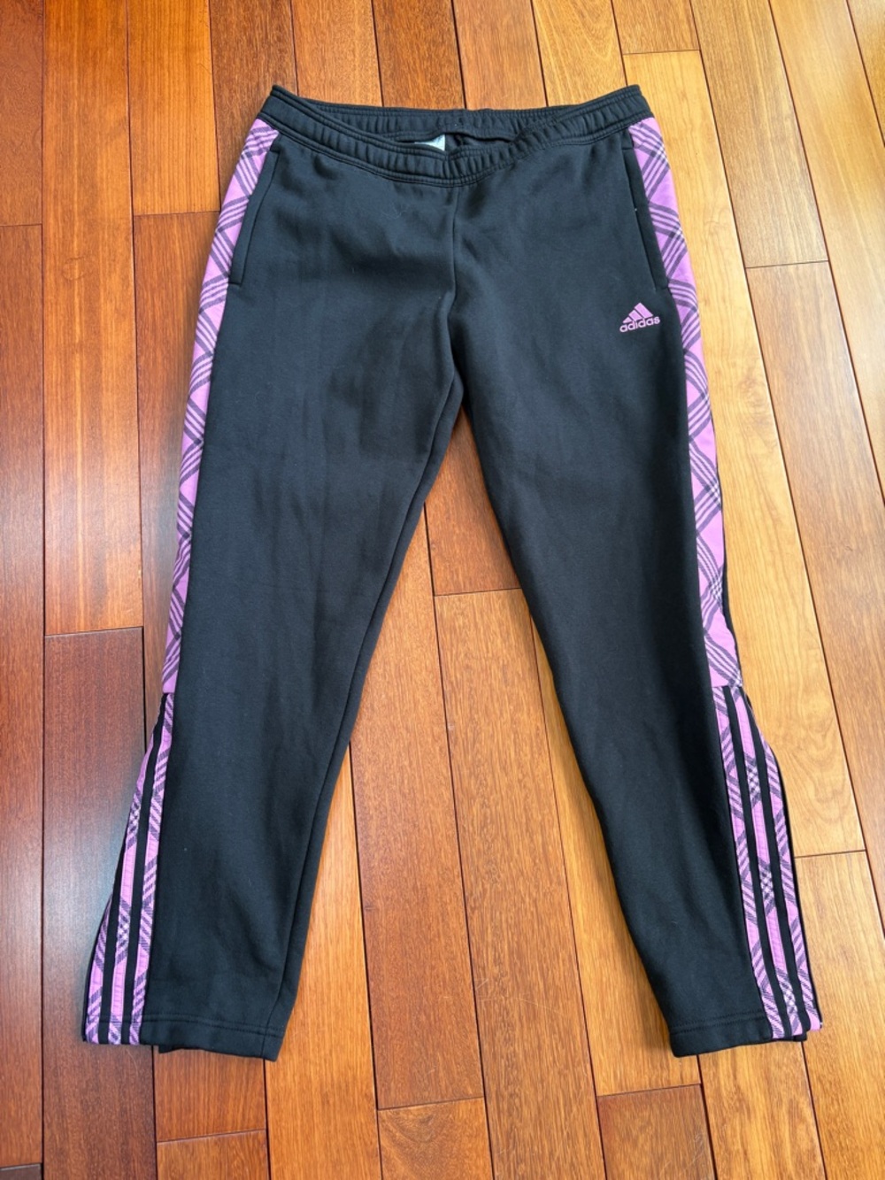 NWT adidas Black Ladies Joggers with Pink Side Panels large